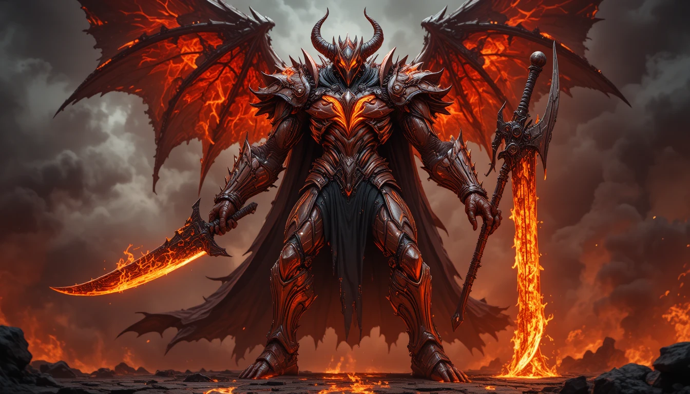 Towering demonic warrior with fiery weapons in hellish ruins