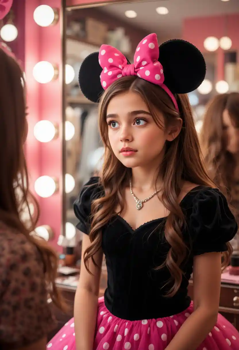 Apprehensive boy in Minnie dress at boutique makeup mirror