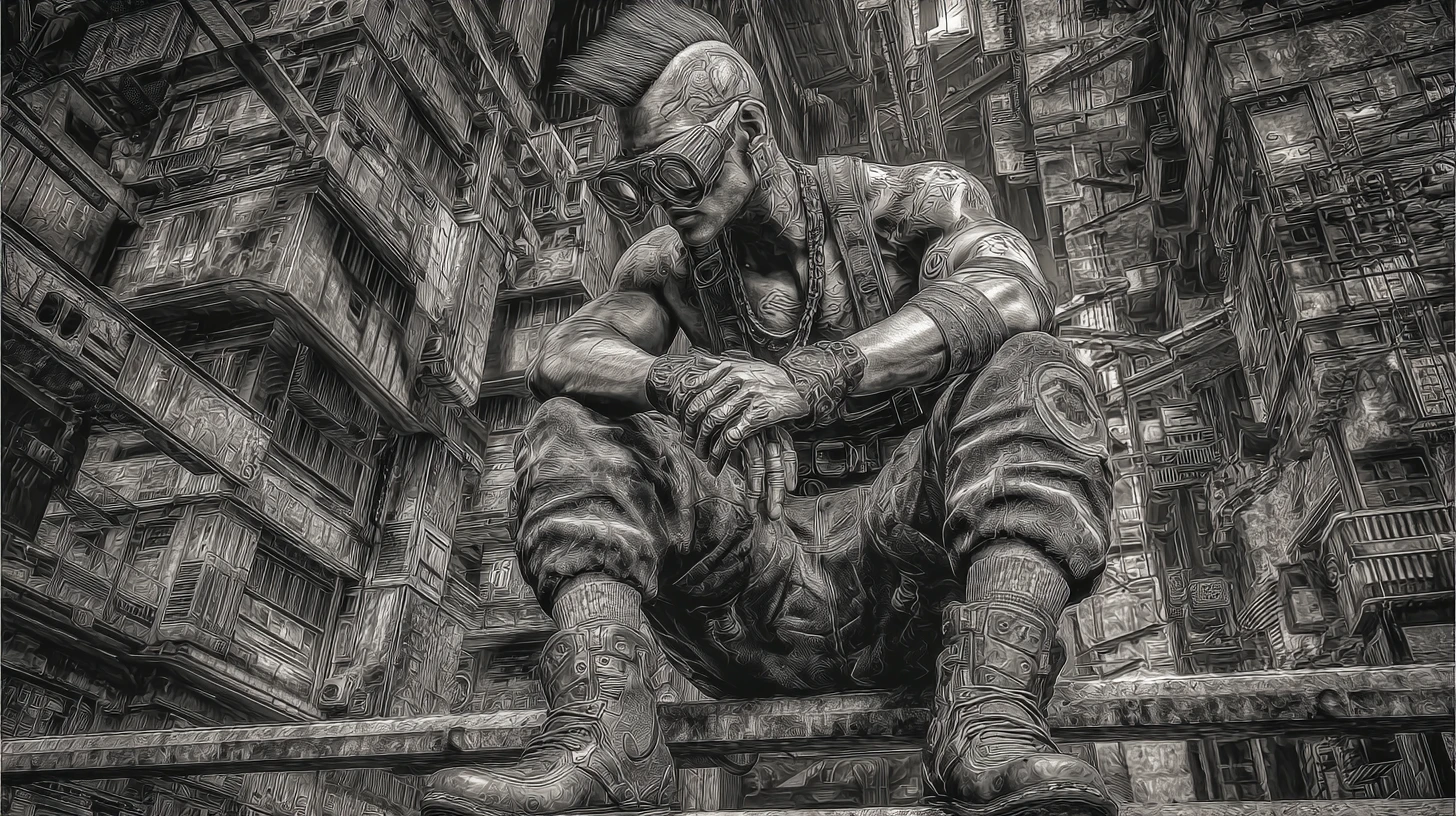 Muscular cyberpunk warrior in surreal dual tone cityscape