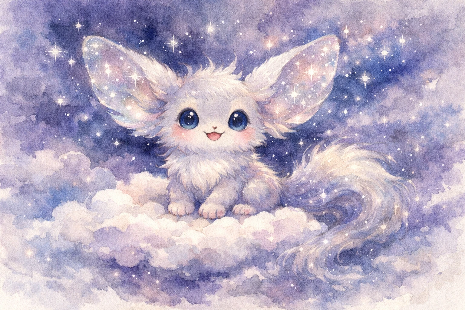 Cute watercolor creature sitting on a dreamy starry cloud