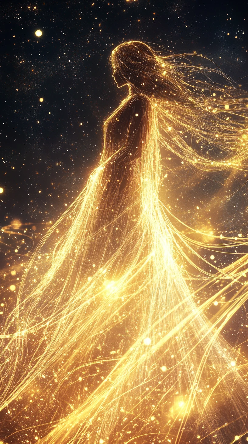 Glowing ethereal woman in flowing lines against starry night