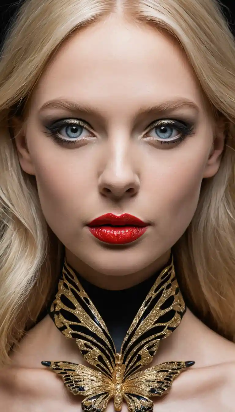 Woman in black bodypaint with golden facial ornaments