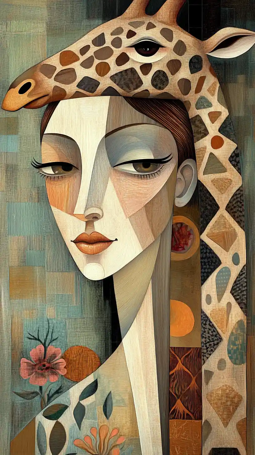 Mujer cubista con jirafa en retrato abstracto cálido