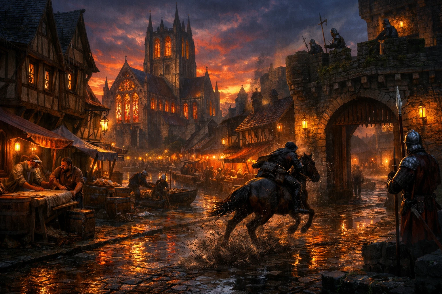 Mittelalterliche Stadtstraßen im Laternenlicht der Dämmerung