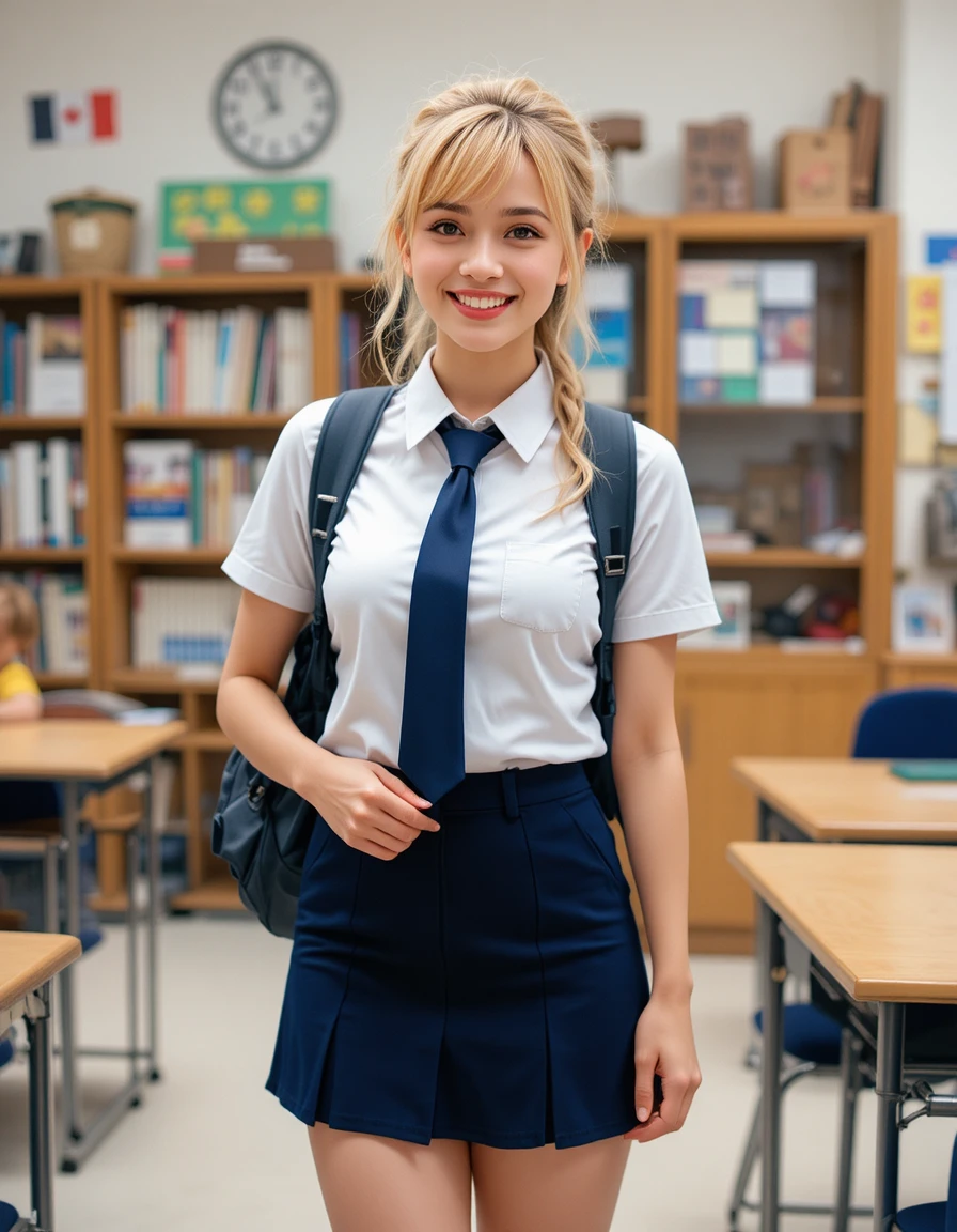Lächelnde blonde Schülerin in Uniform steht in hellem Klassenraum
