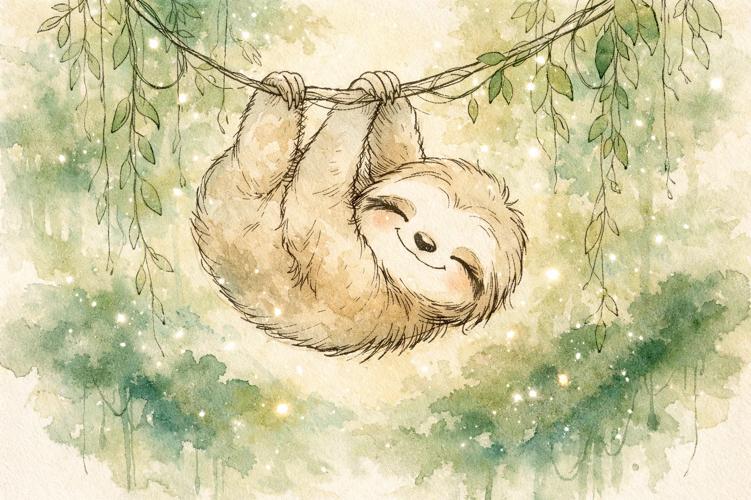 Baby sloth in minimalist watercolor rainforest illustration