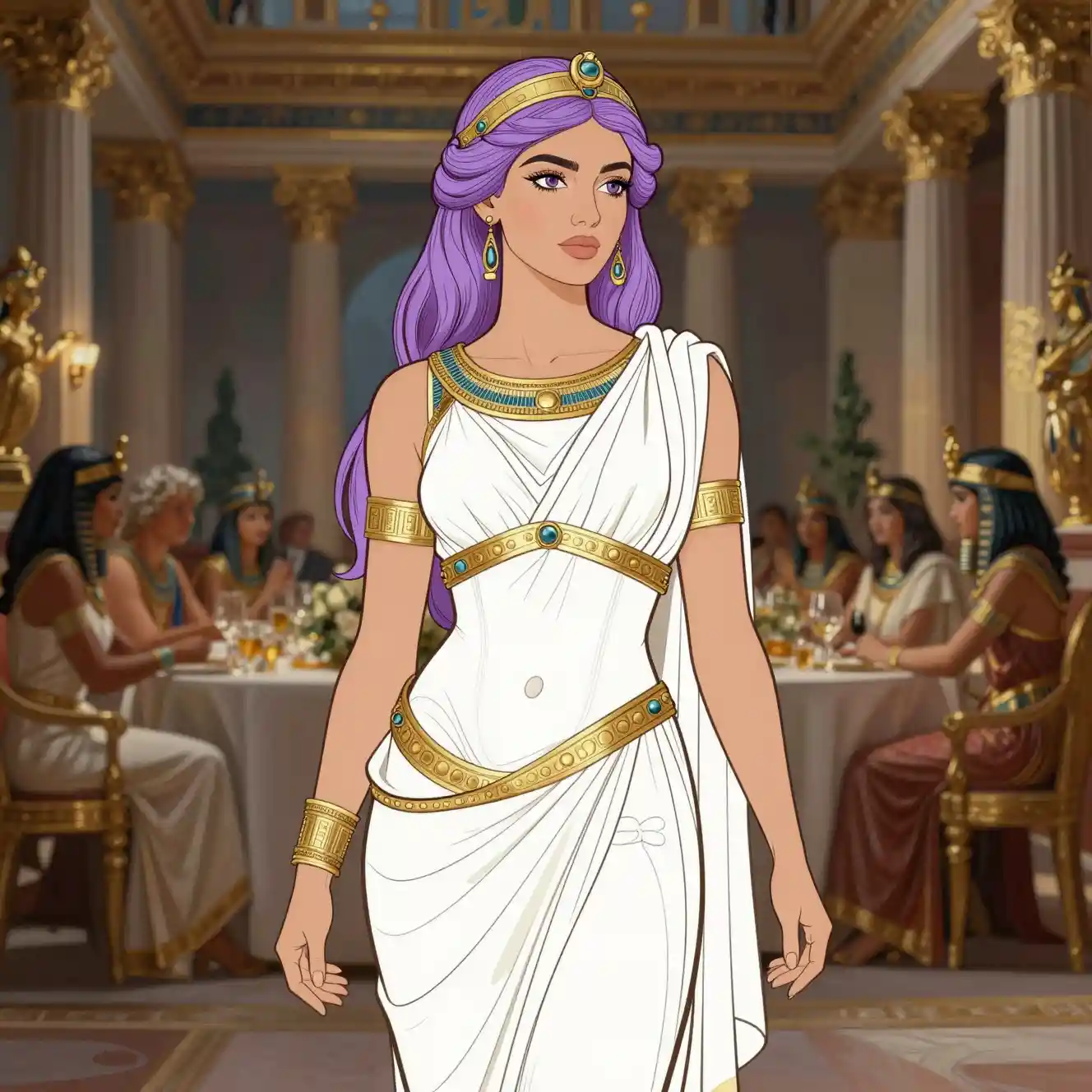 Lilac haired roman princess in a golden toga gown