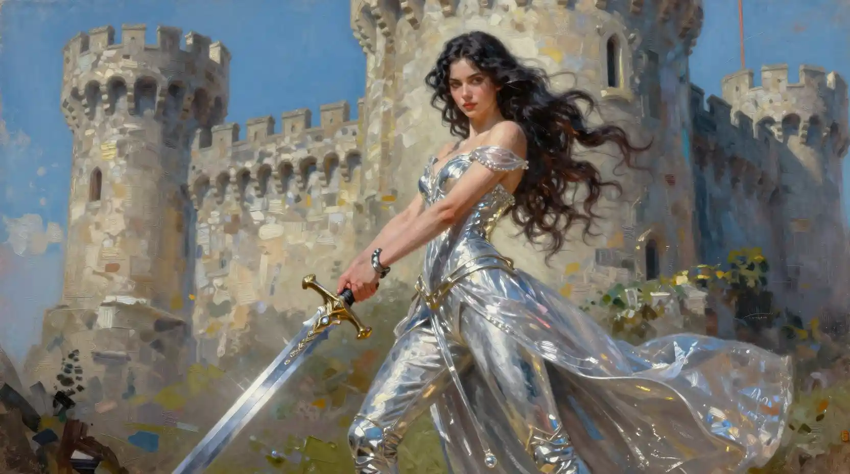 Fantasy warrior woman before a towering medieval castle