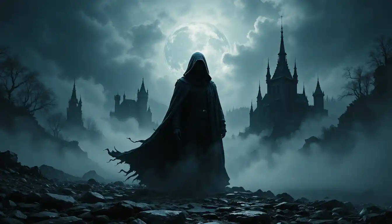 Hooded figure in mist over a dark fantasy landscape