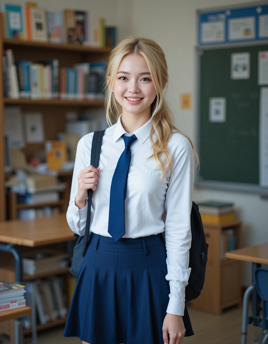 Smiling schoolgirl in uniform standing in bright classroom