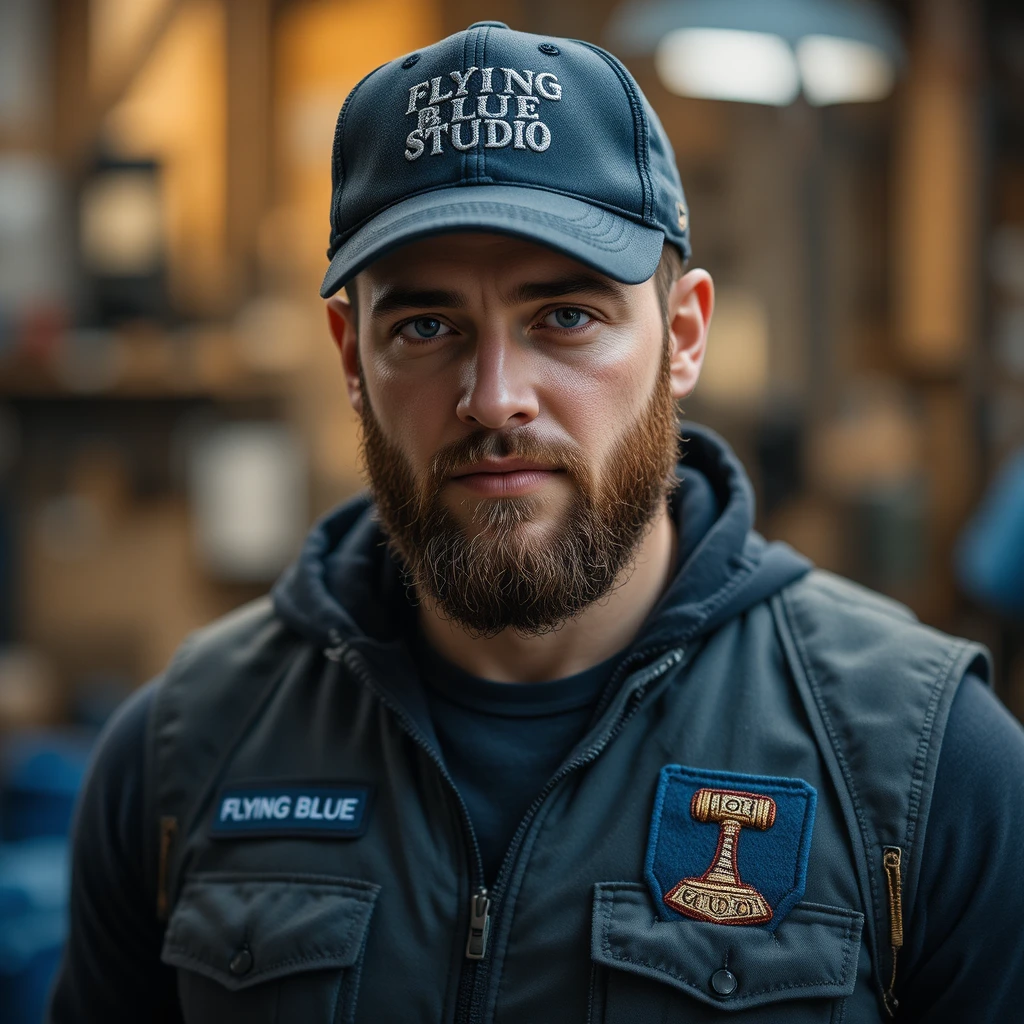 Man in technical vest with fox cap in warm workshop