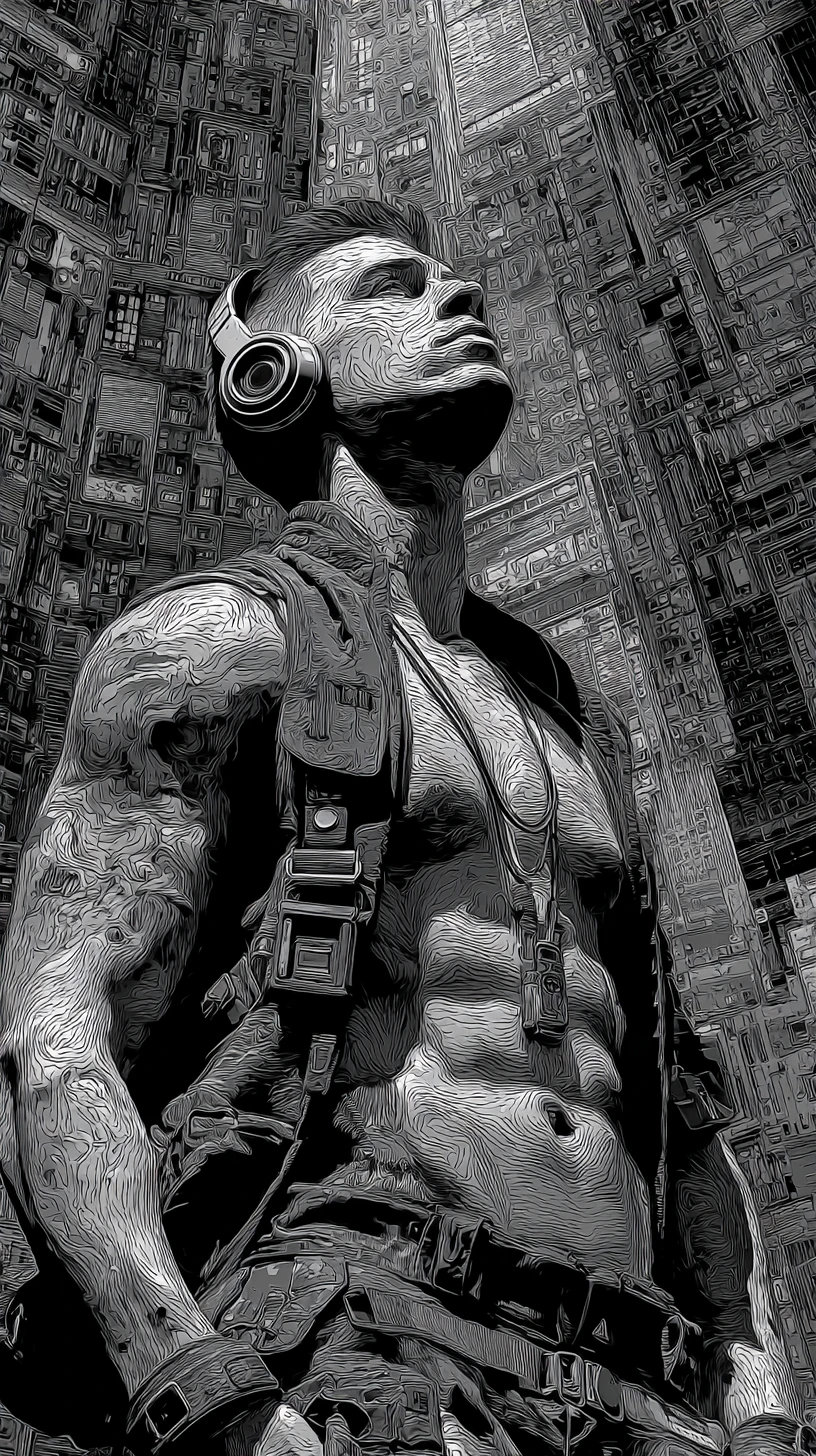 Fascinated cyberpunk warrior in a surreal urban cityscape