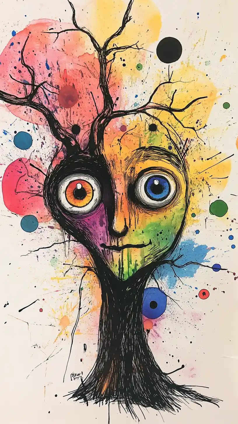 Albero fiabesco con volto in inchiostro mixed media espressivo