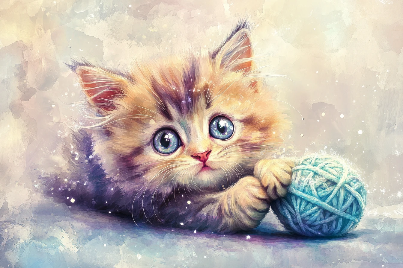 Fluffy kitten playing with yarn in soft watercolor