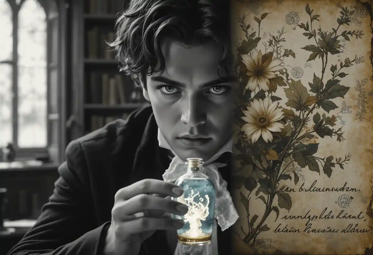Young gentleman gazing at glowing vial in library close up