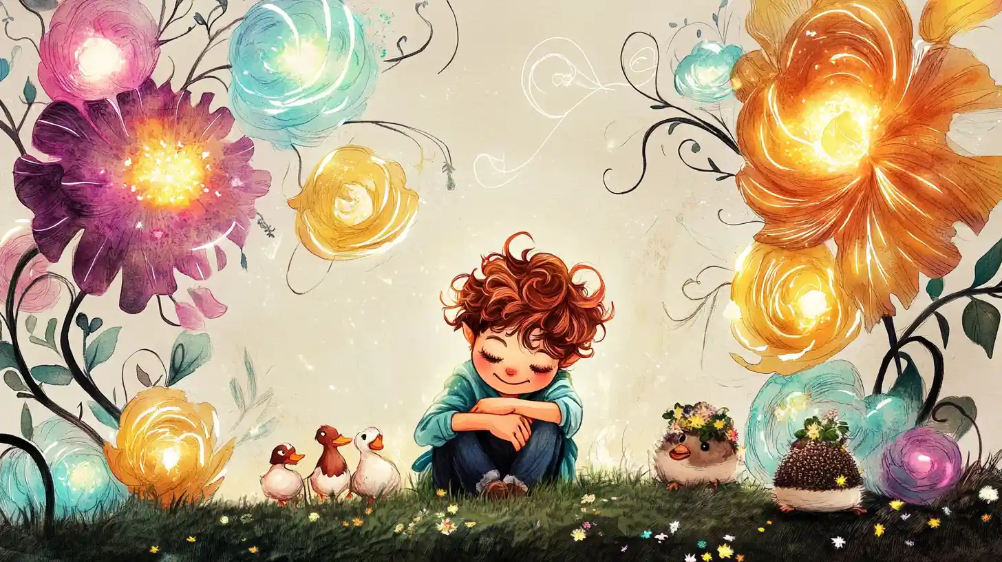 Whimsical Boy In Enchanted Garden With Glowing Flowers
