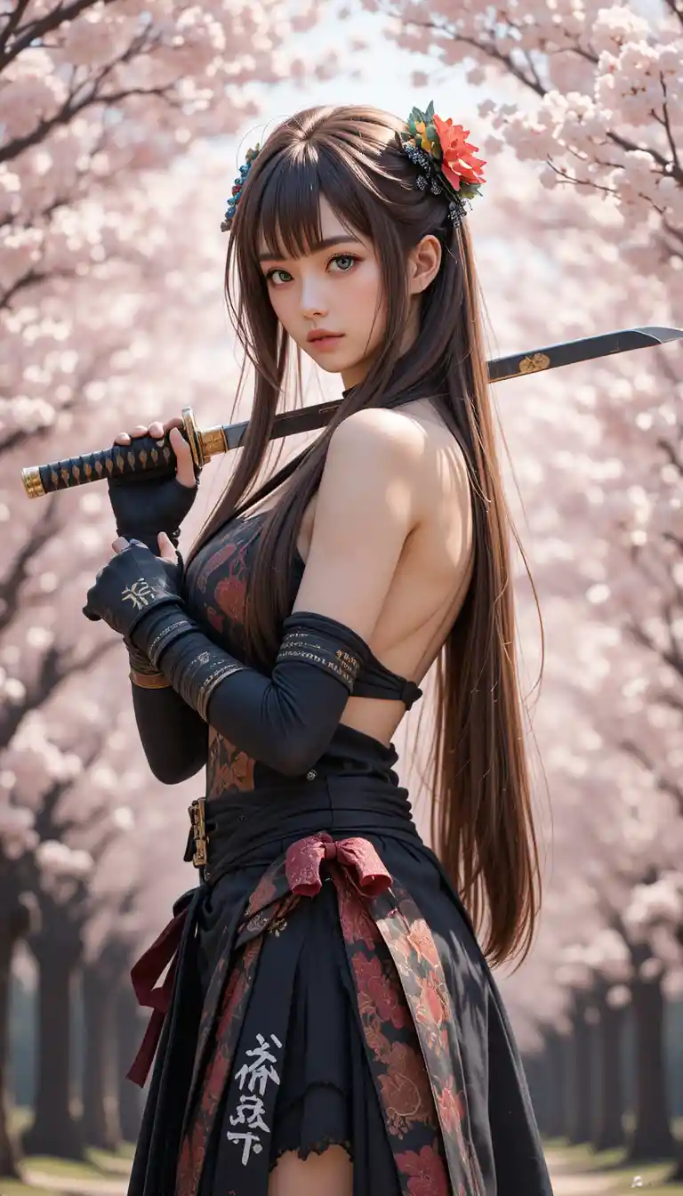 Samurai inspired Japanese girl with katana among blossoms