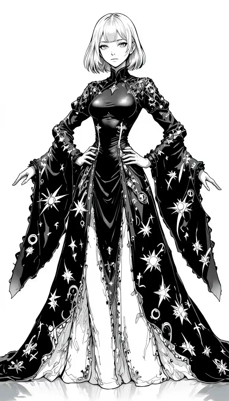 Androgynous manga hero in star patterned fantasy costume
