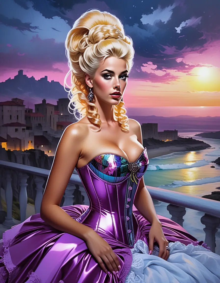 Blonde courtesan in rococo corset in fantasy boudoir