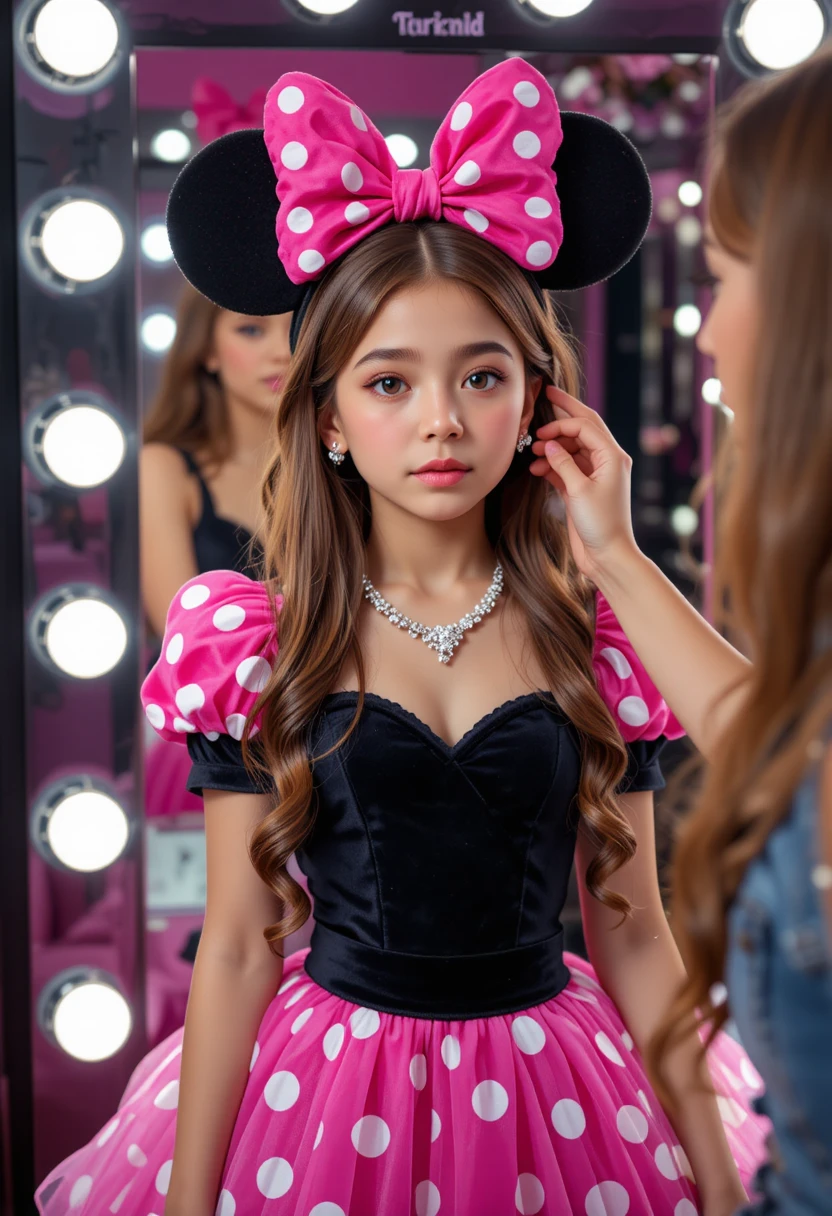 Boy in Minnie dress getting makeup in boutique backroom