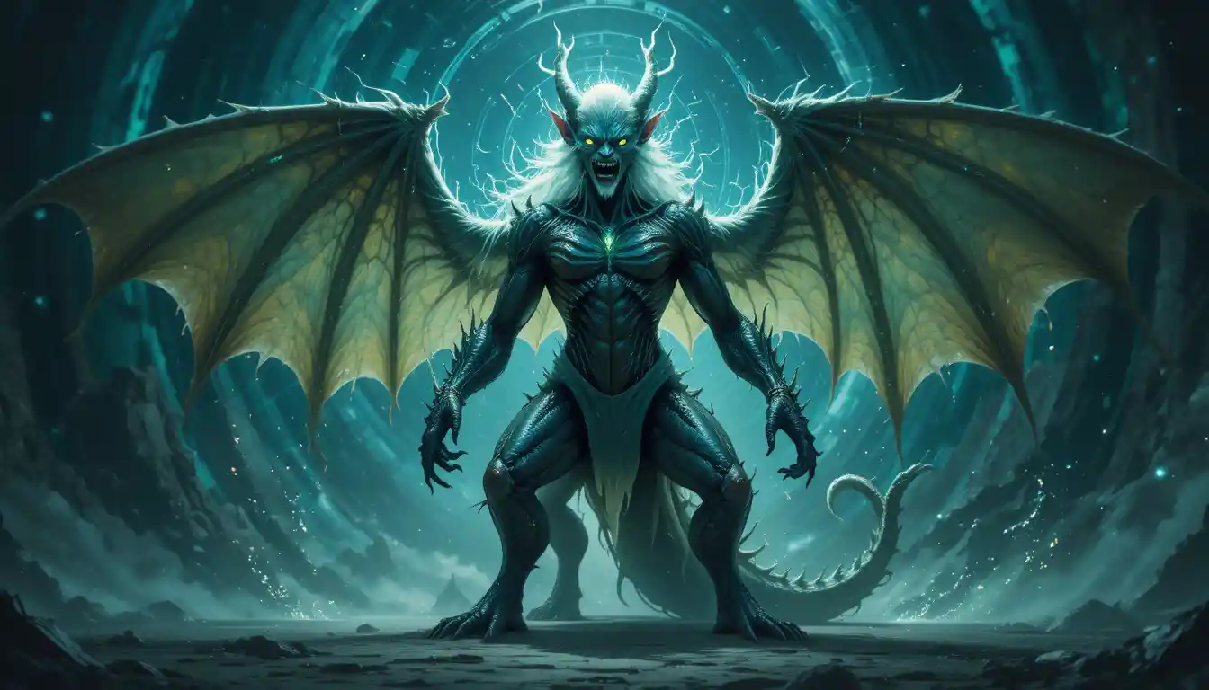 Criatura fantástica oscura alada con patrones teal brillantes