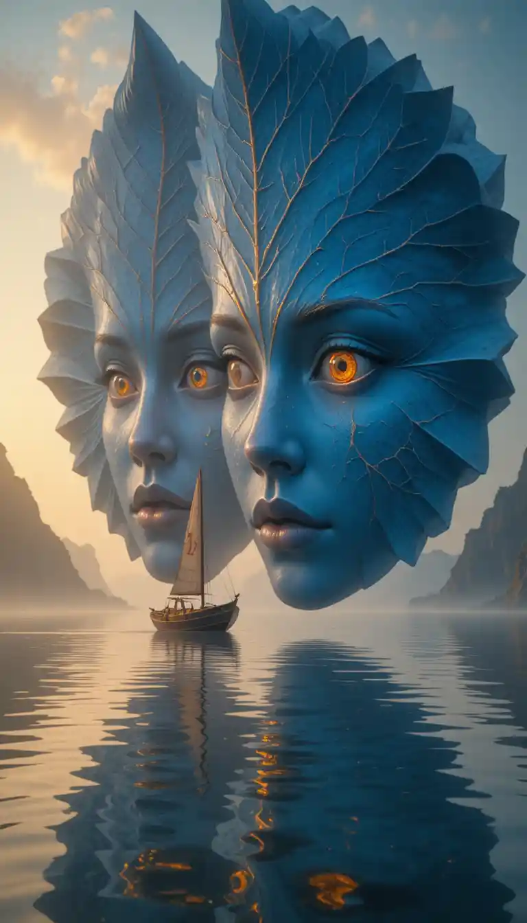 Surreal blue leaves watching a lone boat at golden hour