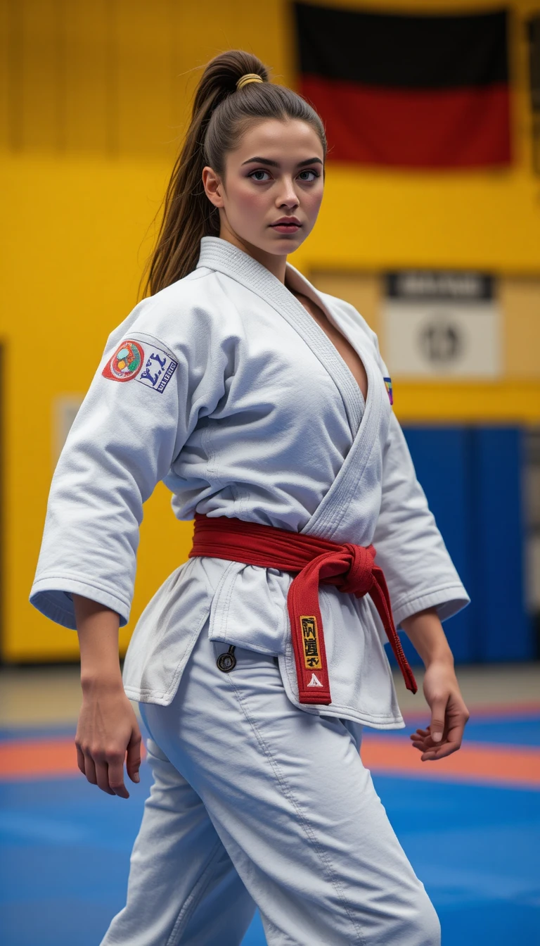 Fokussierte Judoka führt O-soto-gari im Dojo aus