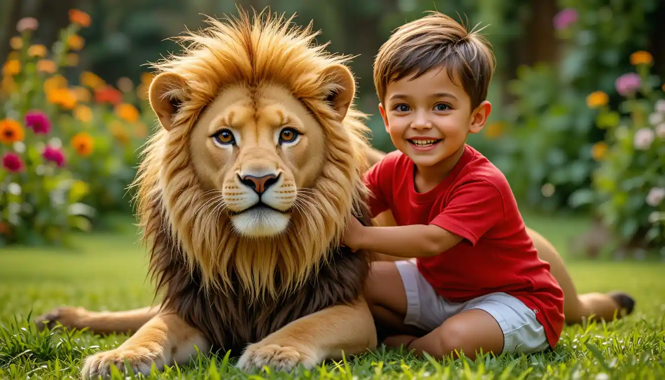 Happy young boy playing with a lion in a garden
