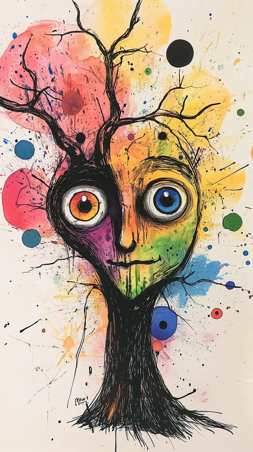 Verspielter Baum mit Gesicht in ausdrucksstarker Mixed-Media-Tinte