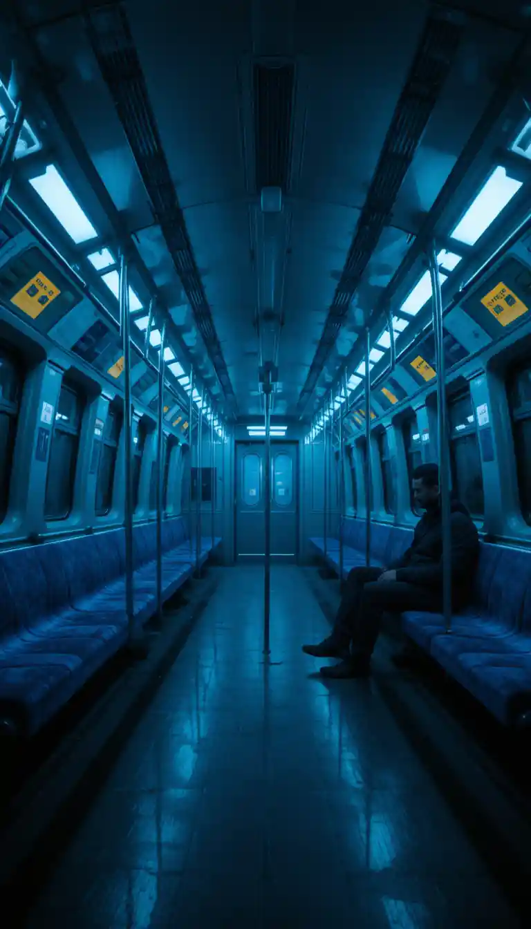 Carrozza della metropolitana vuota con un solo passeggero a mezzanotte