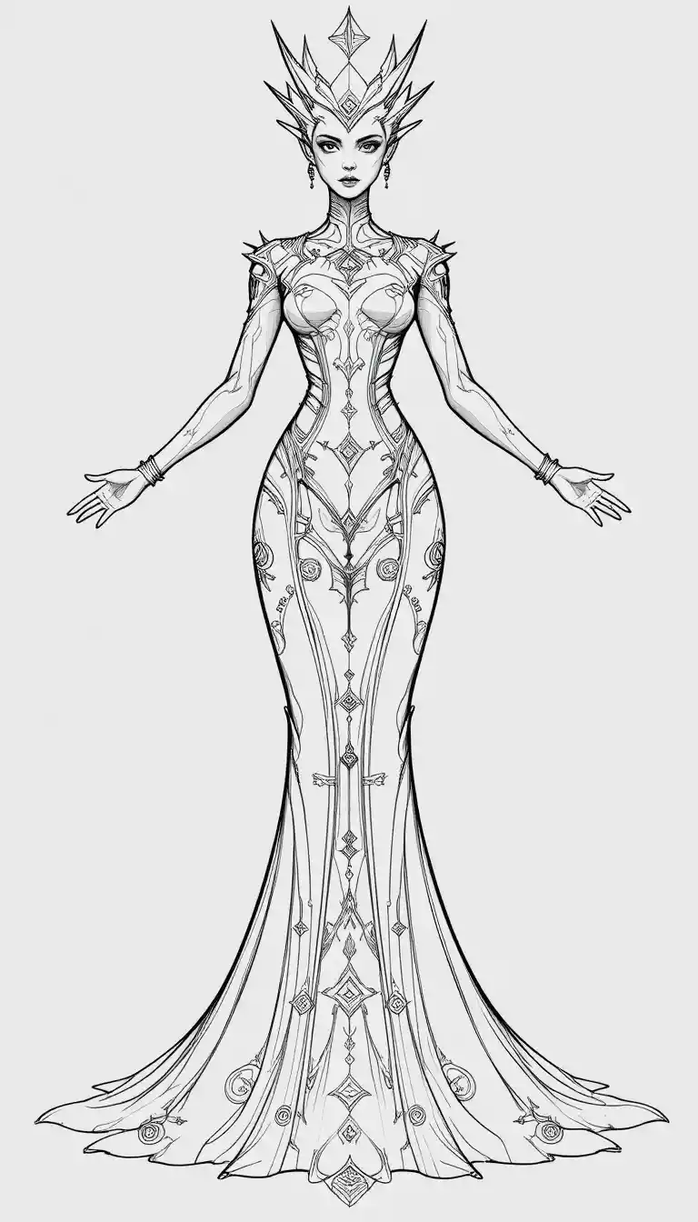 Celestial queen in ornate black and white line gown