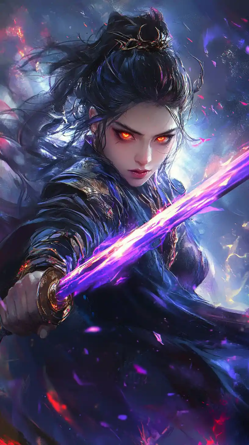 Demonic warrior woman lunging with a glowing katana
