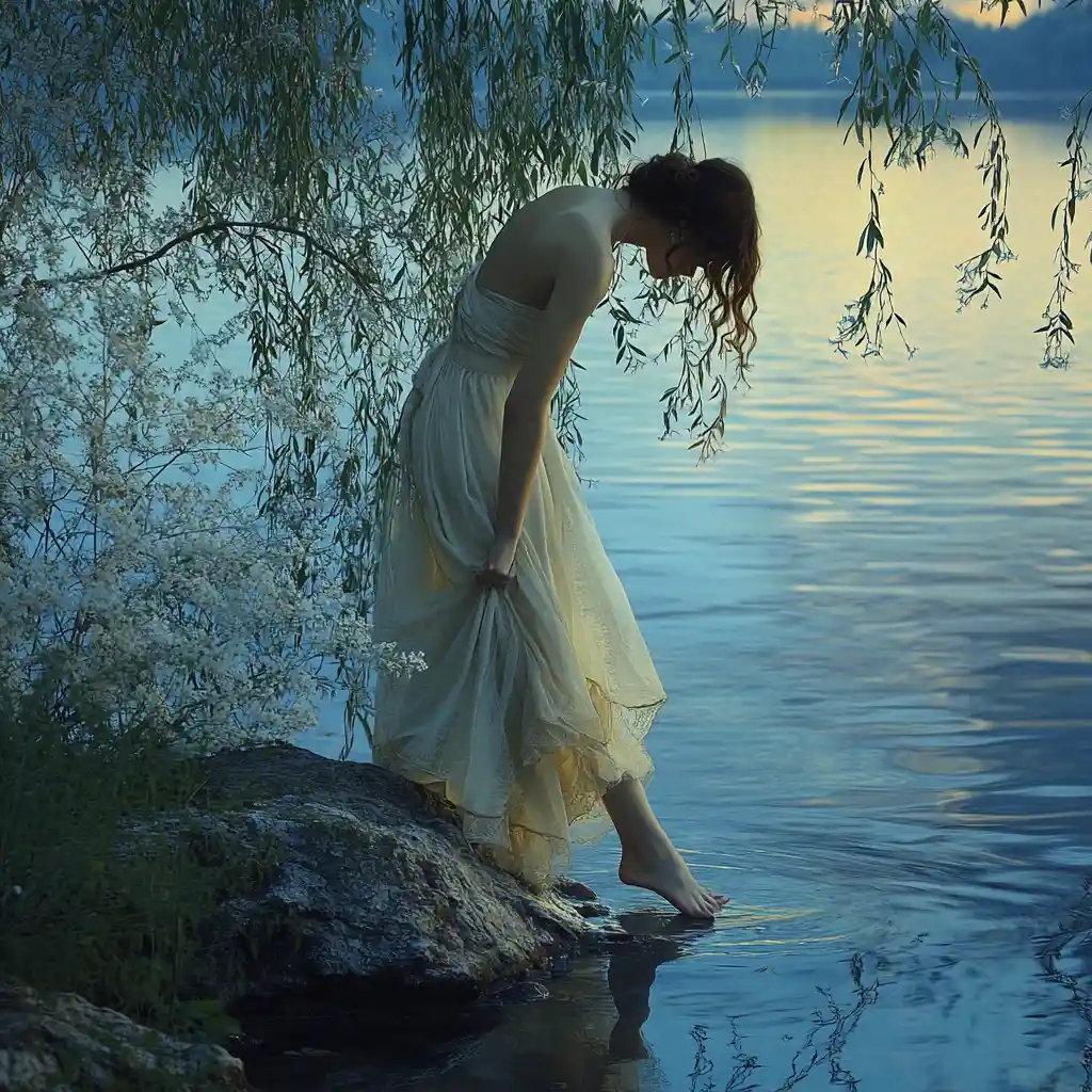 Woman in flowing gown at tranquil twilight lakeside