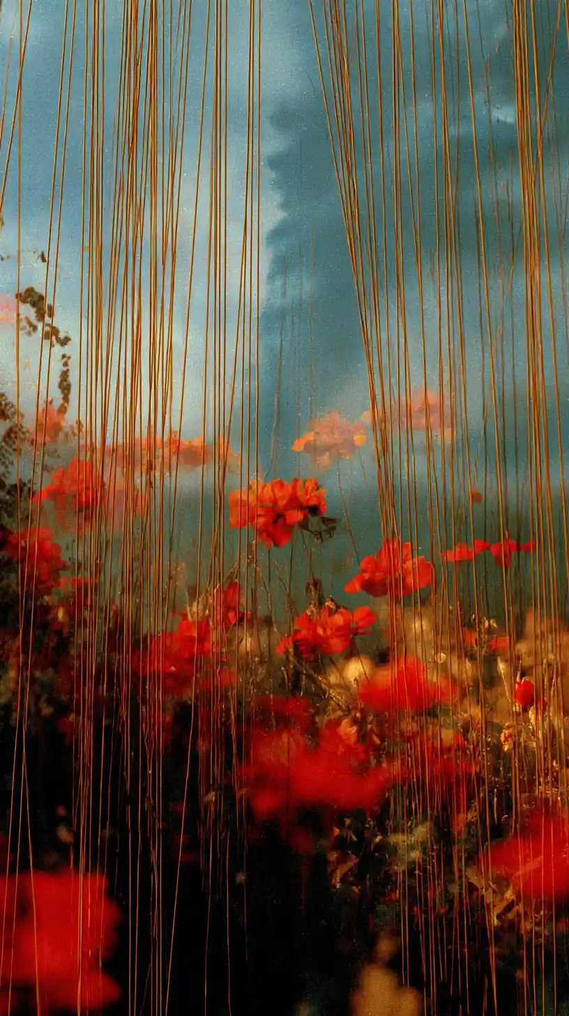 Surreal embroidered flower fields in a dreamy countryside landscape