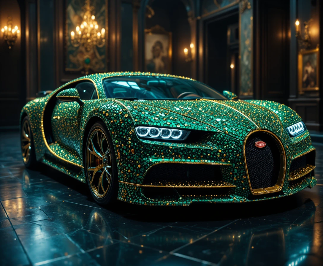 Gemstone encrusted sports car in a luxurious interior
