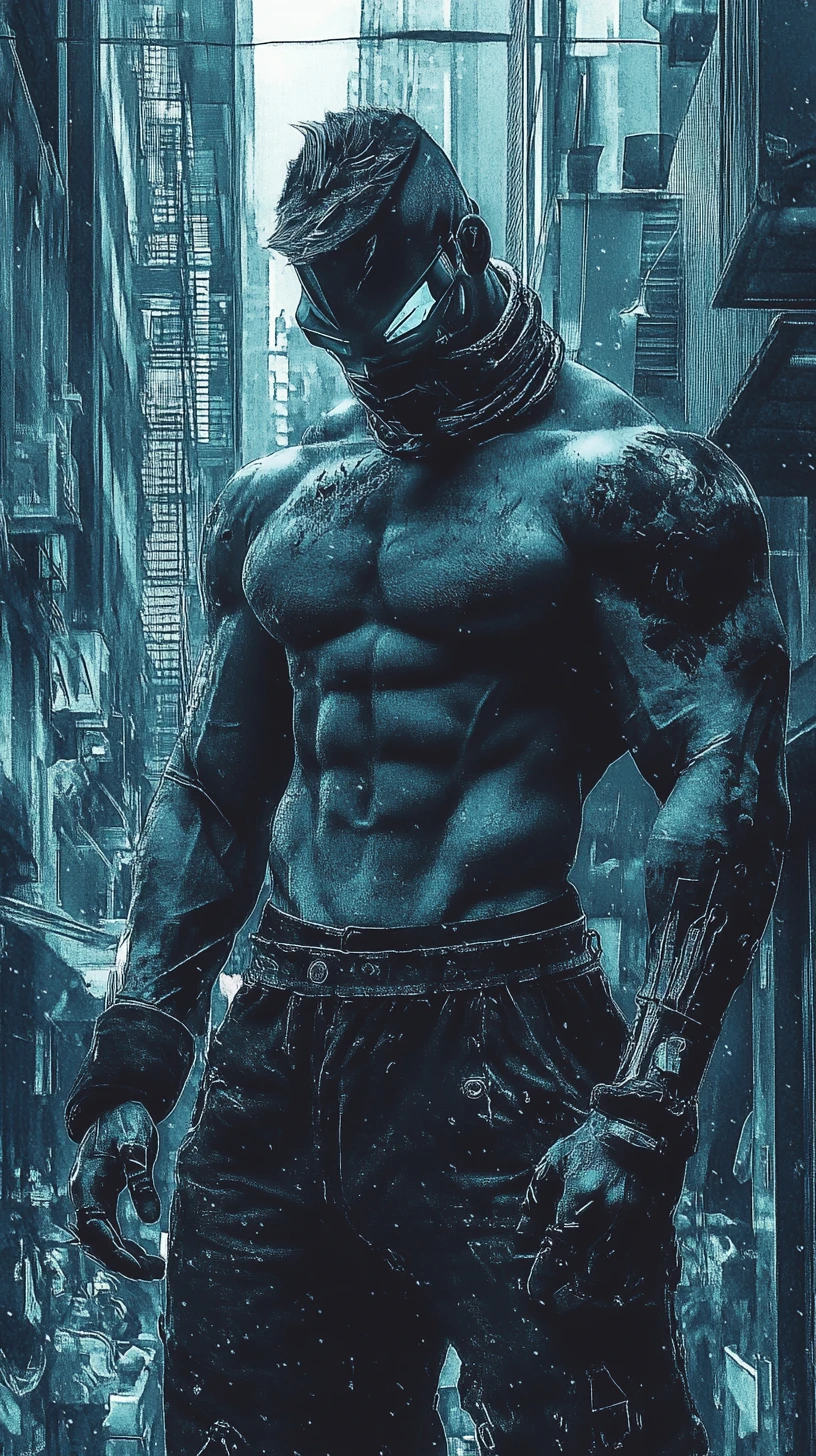 Cyberpunk warrior in surreal dual tone urban cityscape
