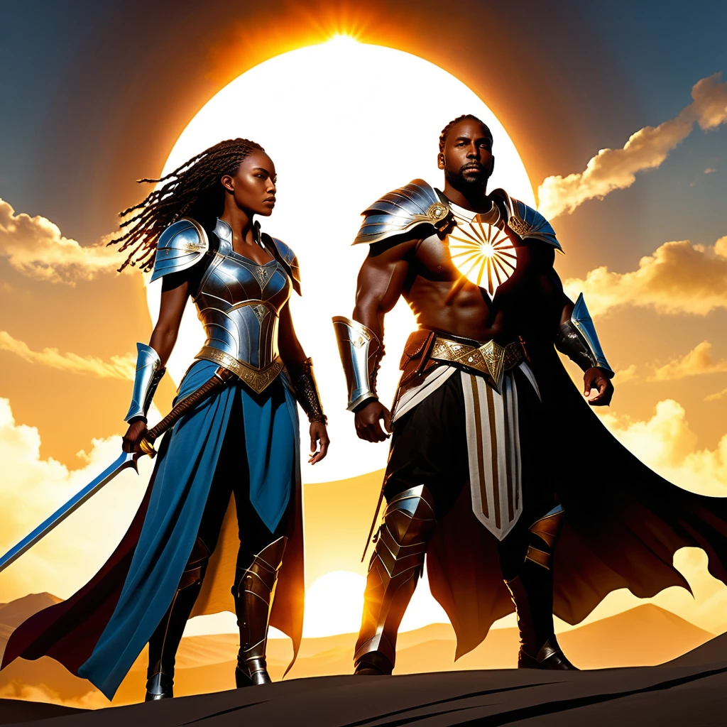 Armored warrior couple in a radiant fantasy battlefield
