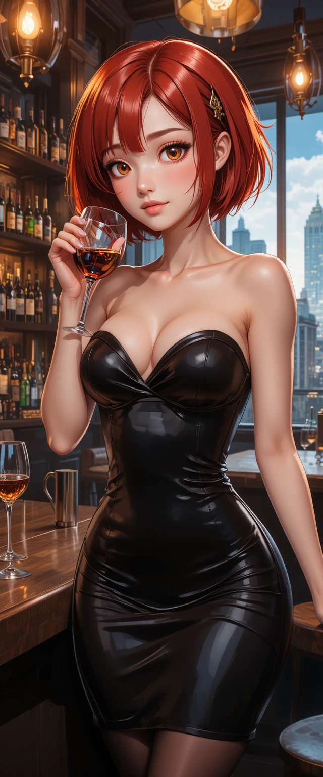 Anime red haired woman in black dress at city bar