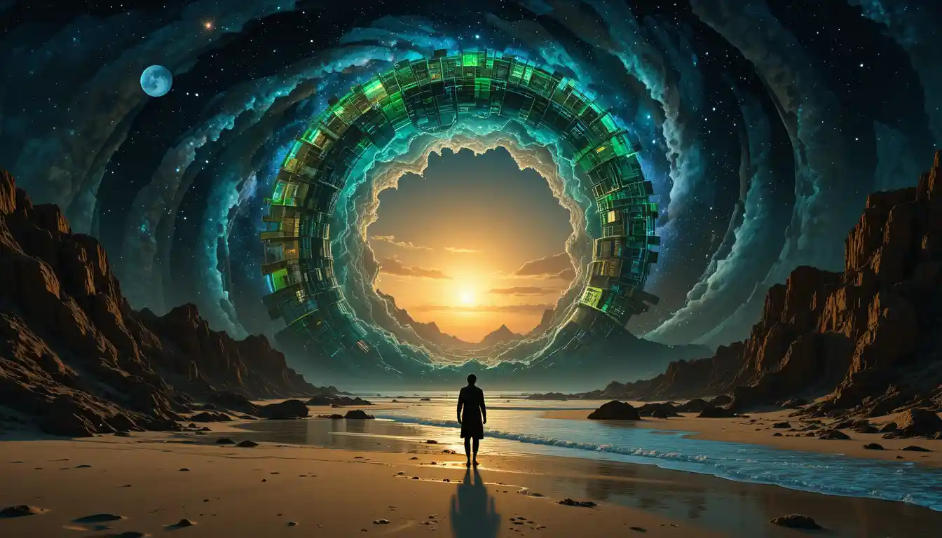 凝望宇宙城市上方旋轉分形星系的女子