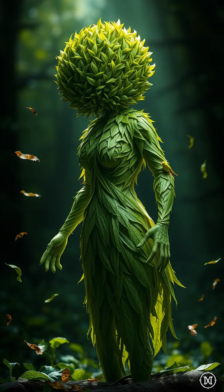 Leaf woman sculpture in misty forest with dramatic light