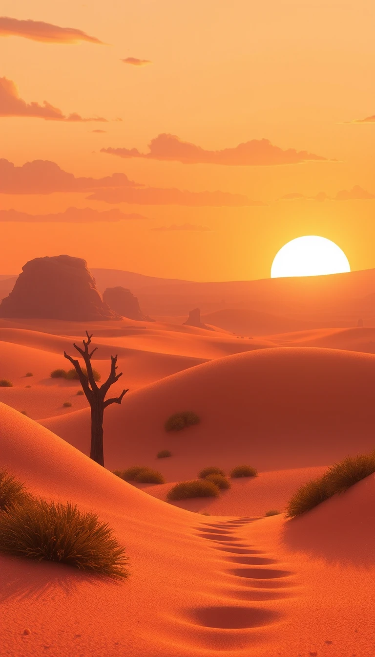 Peaceful Cartoon Desert Landscape At Warm Sunrise