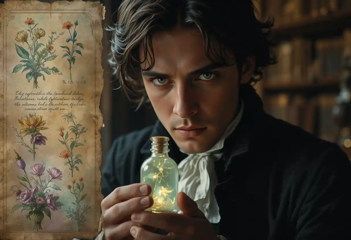 Young gentleman studying a glowing elixir in a library