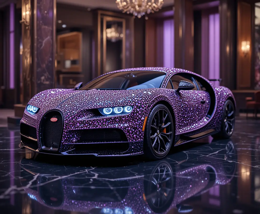 Gemstone encrusted purple hypercar in luxury showroom