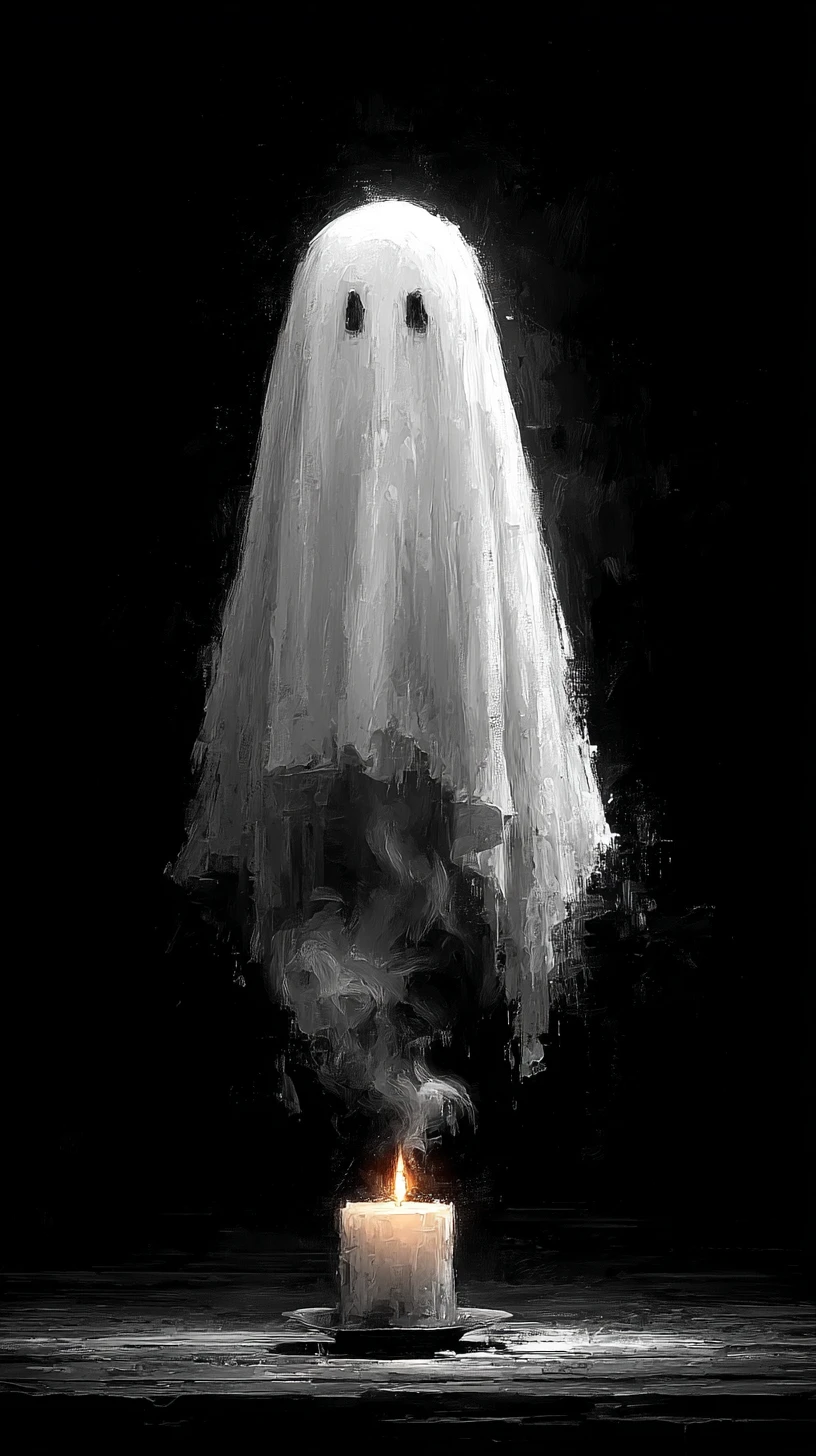 Cute ghost floating above candle with drifting smoke