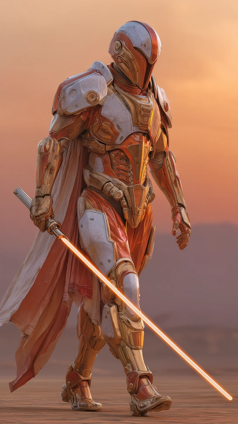 Futuristic knight with glowing lightsaber at golden dusk