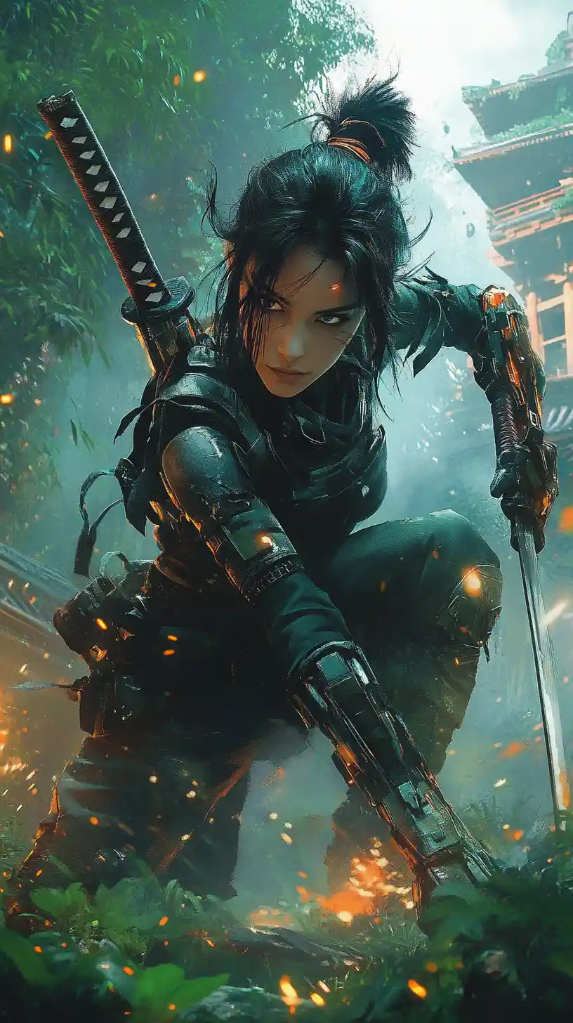 Cybernetic warrior woman crouching in a moonlit jungle