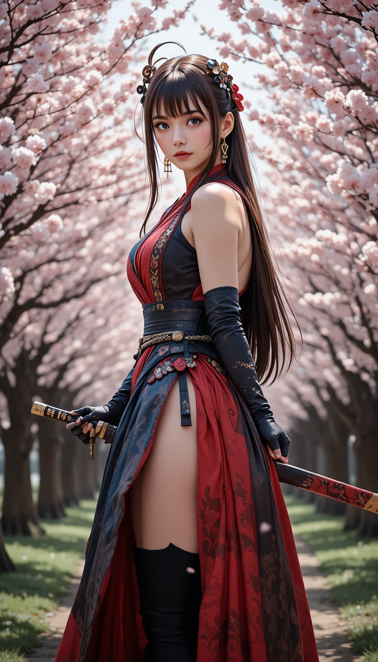 Samurai anime girl under falling cherry blossom petals
