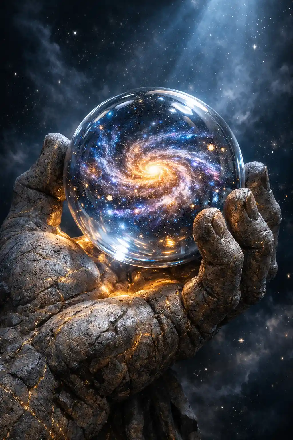 Divine stone hand holding a glowing galaxy glass sphere