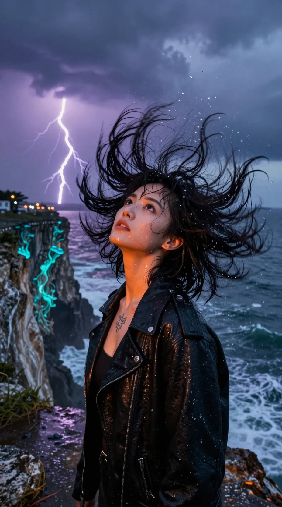 Woman flipping wet hair in dramatic ocean cliff rain