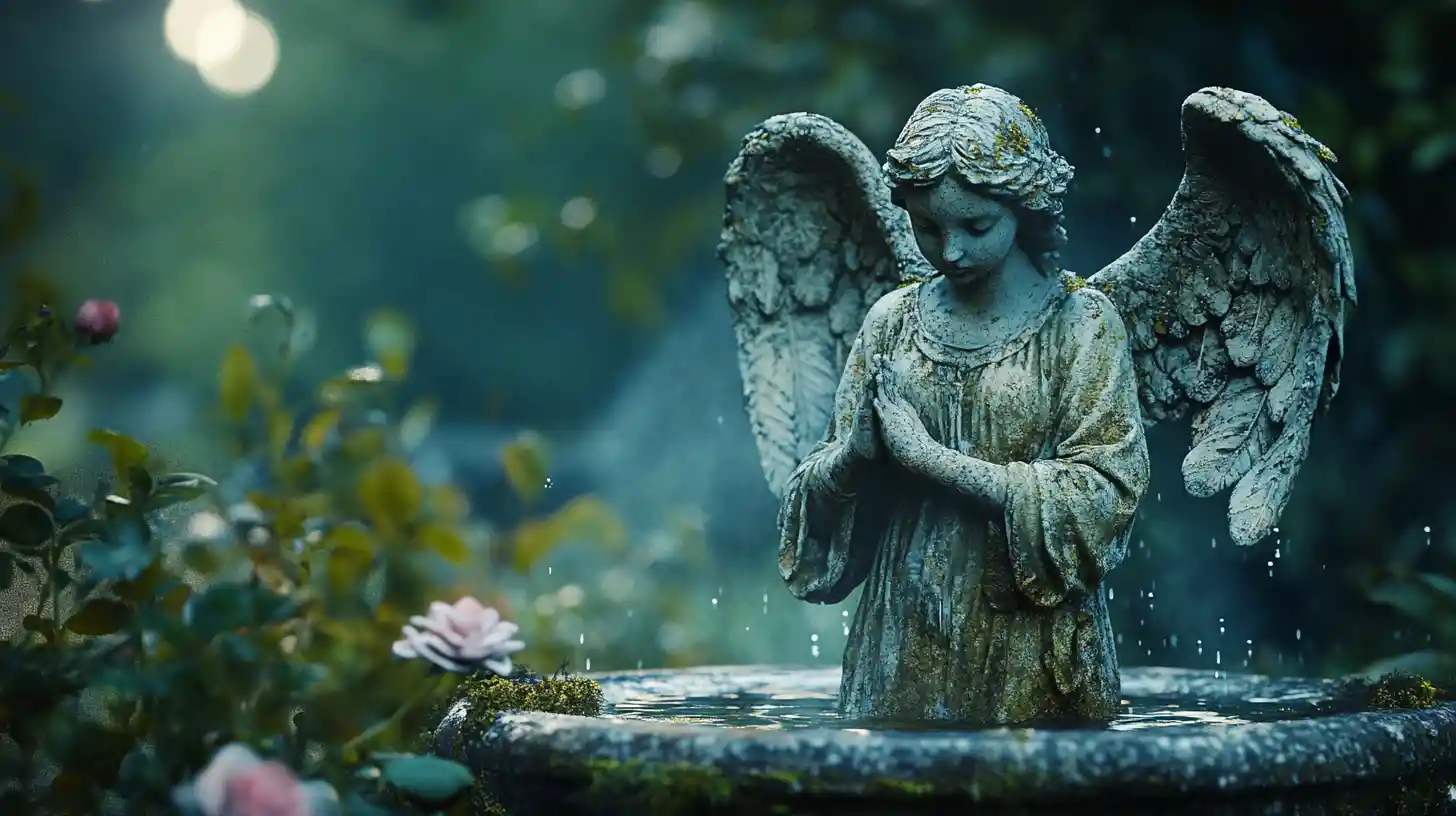 Moonlit angel fountain in a mossy overgrown rose garden